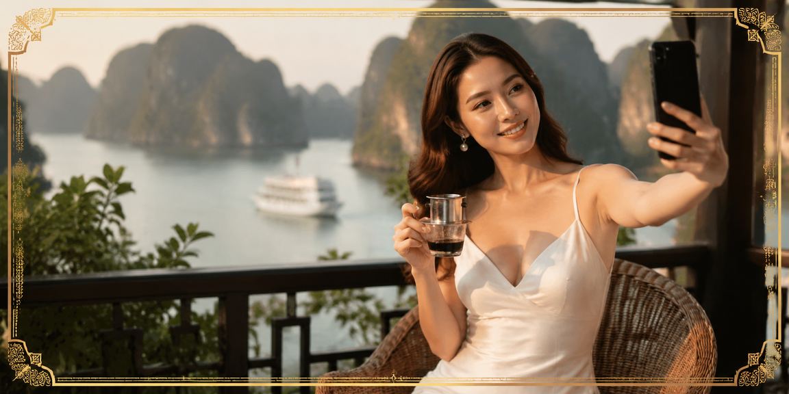 Người dùng Hạ Long ngồi uống cà phê kiểm tra cashback voucher trên điện thoại