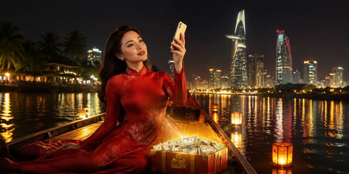 Người dùng khu vực Mekong đặt cược trên điện thoại với trang phục áo dài truyền thống